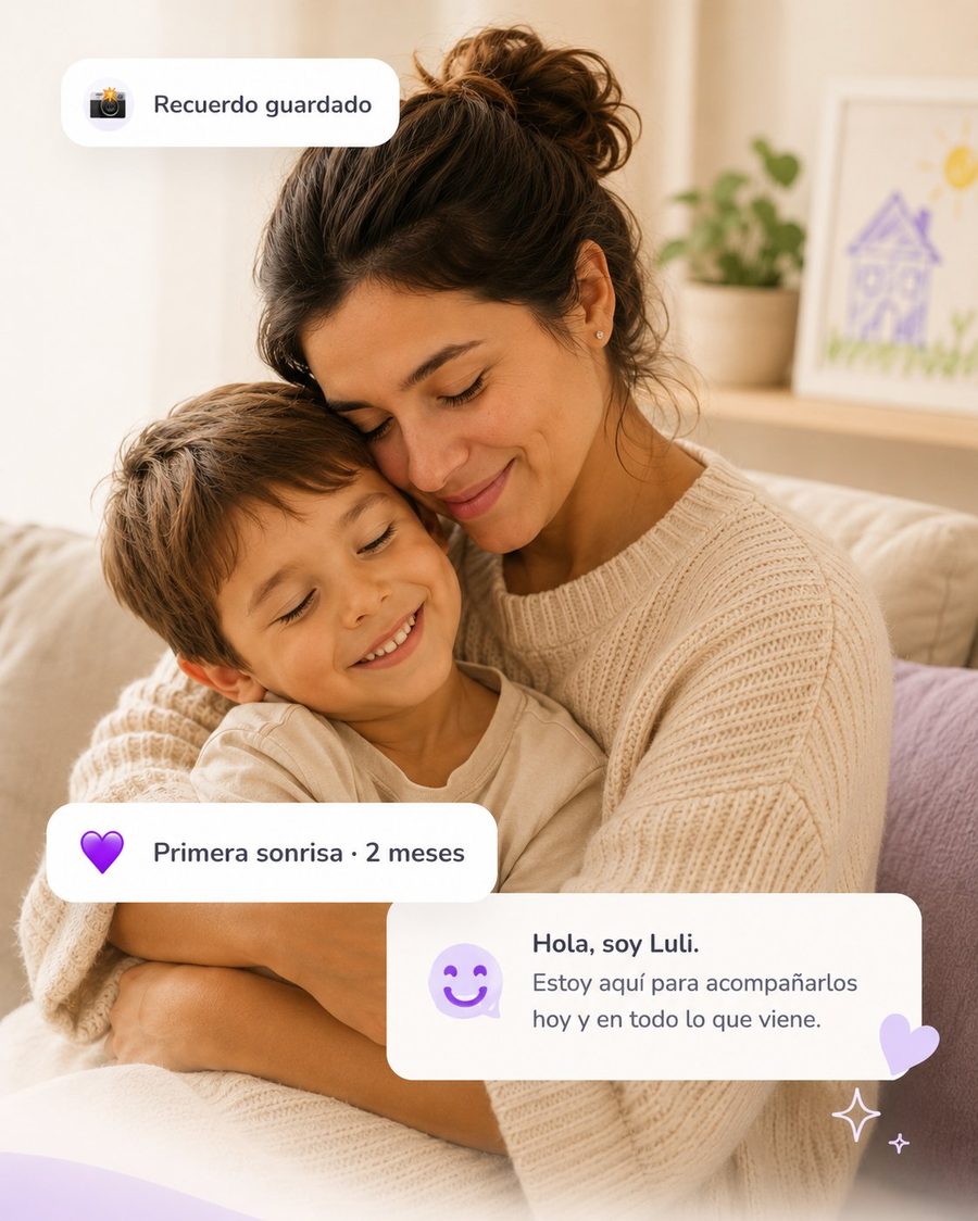 Madre abrazando a su hijo mientras usan Ask Luli, asistente familiar para mamás